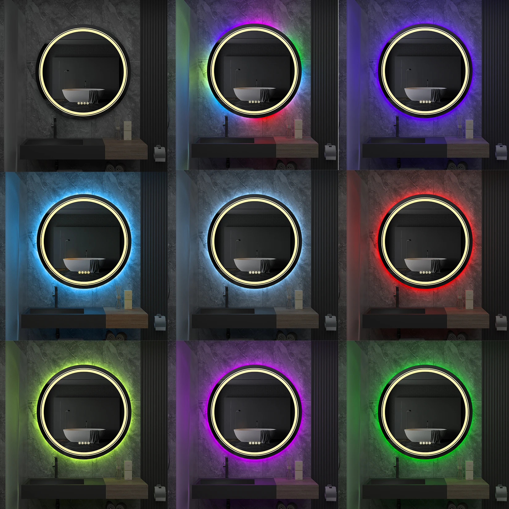 Large Round Lighted Bathroom Mirror RGB Color Changing LED Mirror Dimmable Anti-Fog Backlit Mirror RGB Multicolor Backlit