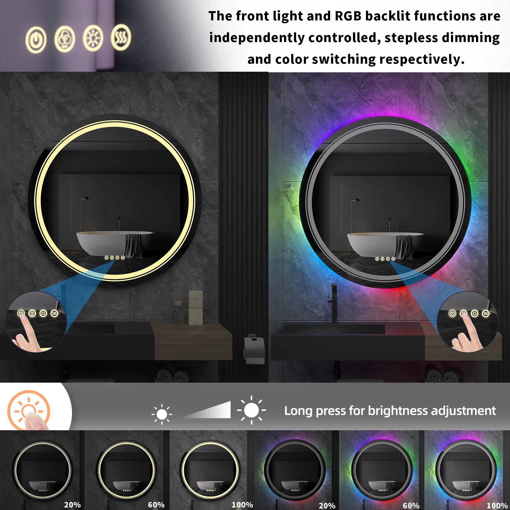 Large Round Lighted Bathroom Mirror RGB Color Changing LED Mirror Dimmable Anti-Fog Backlit Mirror RGB Multicolor Backlit