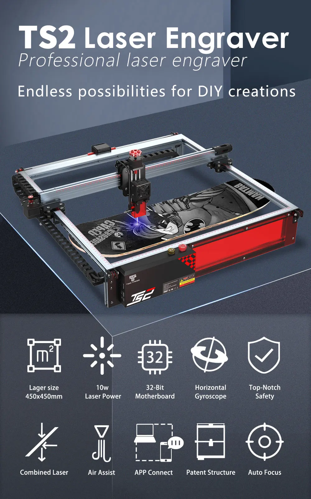 Twotrees TS2-10W Laser Engraver Machine 80W 450x450mm Compressed Spot Technology LaserGRBL LightBurn Wifi Horizontal Gyroscope