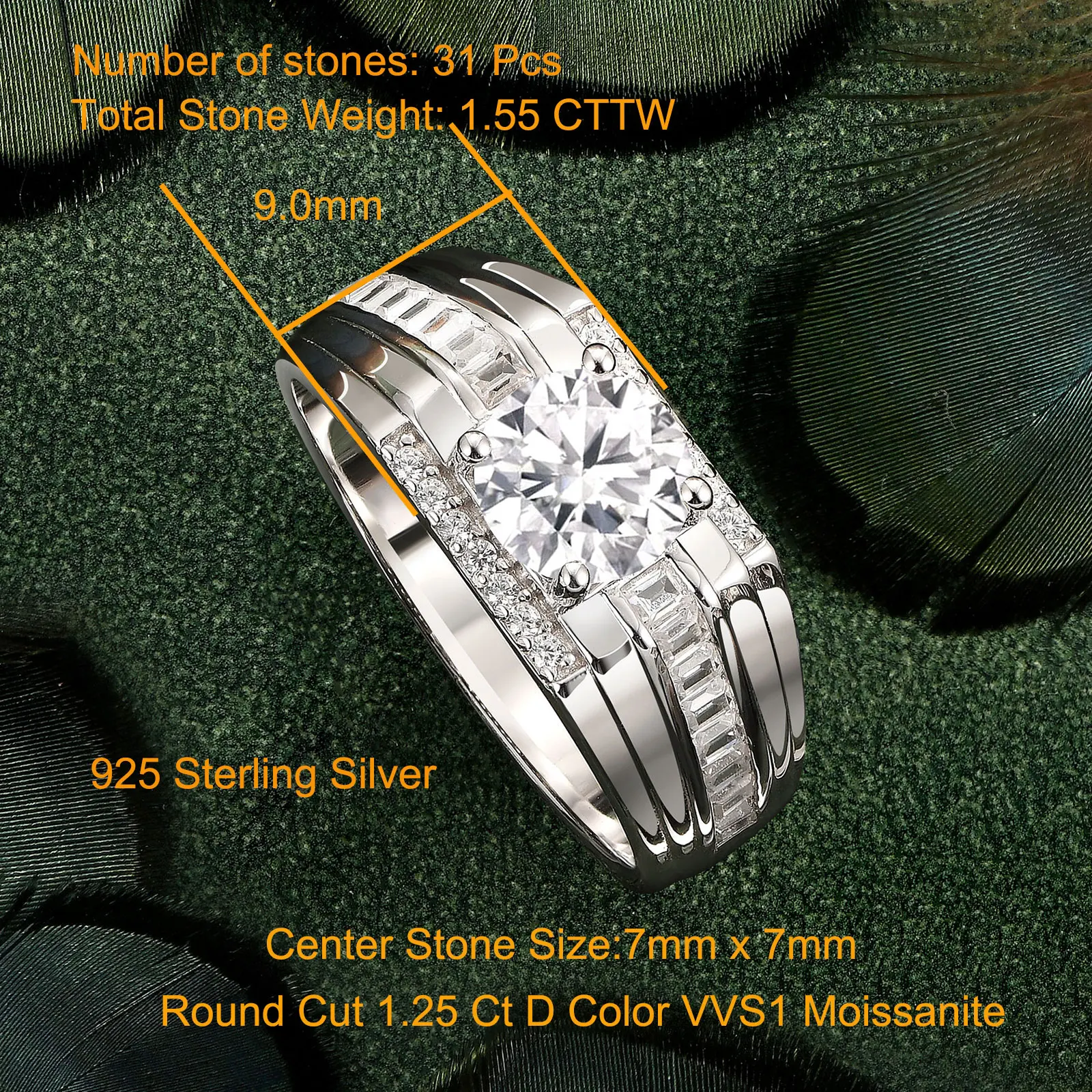 Newshe Genuine 925 Sterling Silver Wedding Rings for Men Moissanite 1.25Ct Round White Simulated Diamond Luxury Fine Jewelry