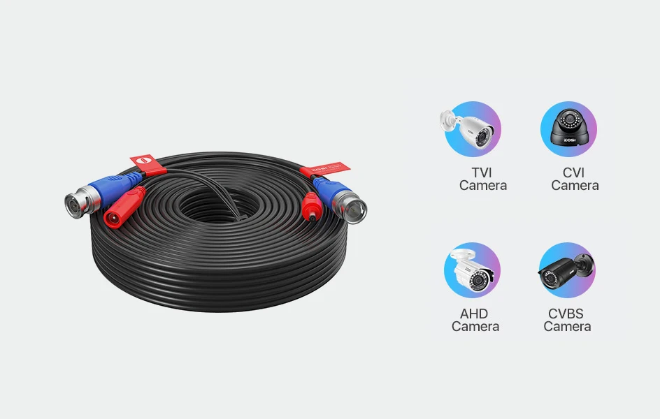 ZOSI 4-Packed 18M 30M 45M (60FT,100FT,150FT) CCTV Power Video BNC + DC Plug Cable for CCTV Camera and DVR System Coaxial Cable