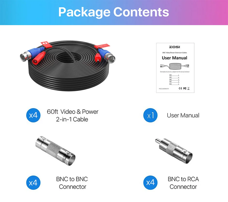 ZOSI 4-Packed 18M 30M 45M (60FT,100FT,150FT) CCTV Power Video BNC + DC Plug Cable for CCTV Camera and DVR System Coaxial Cable