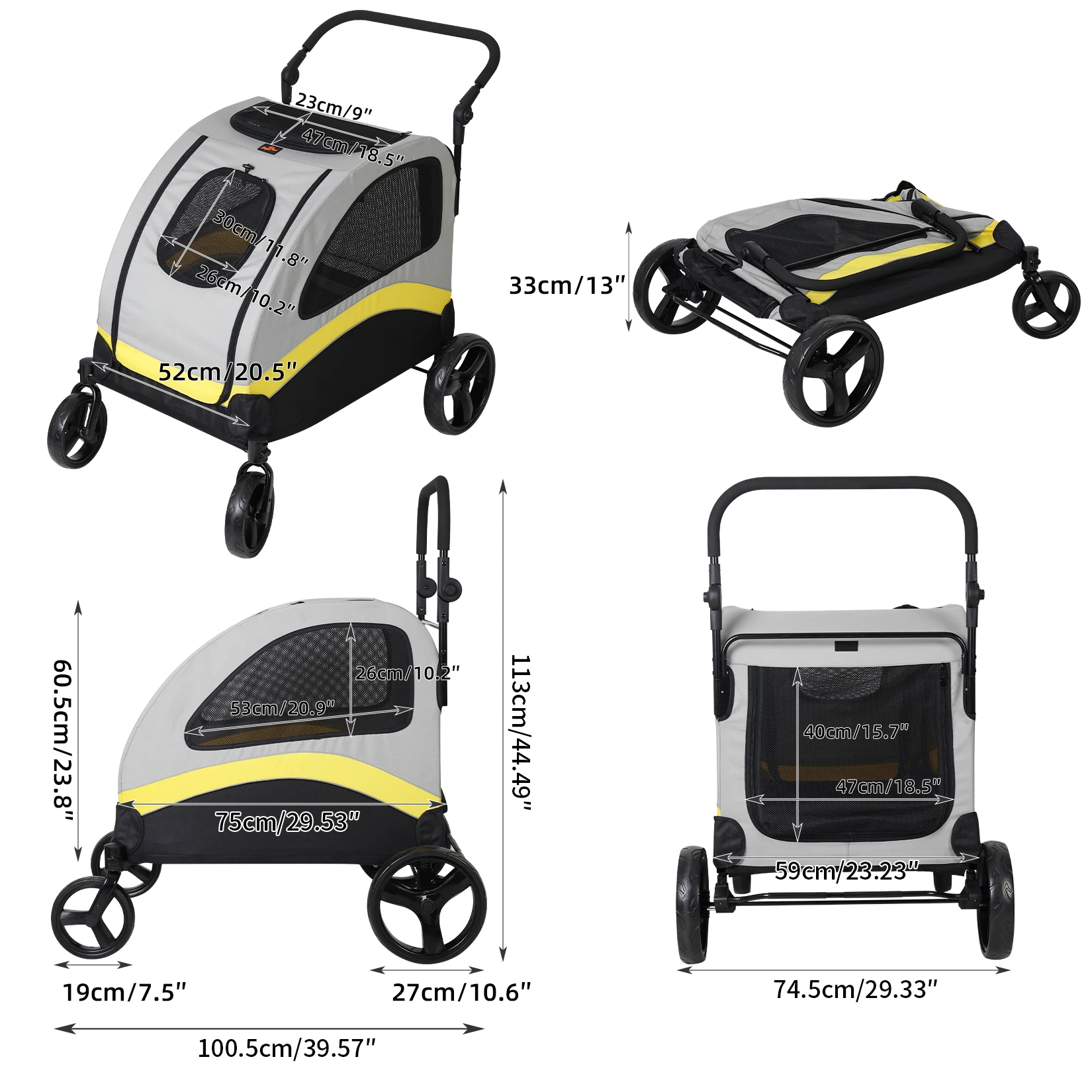 Large Dog Stroller 4 Wheel Pet Trolley Carrier Foldable for 2 Dogs up to 121 lbs