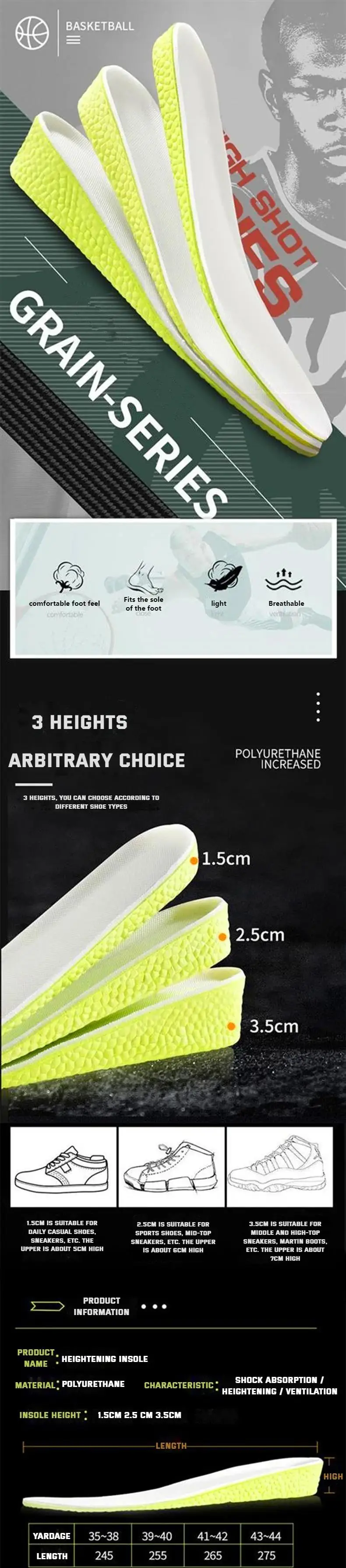 1Pair 1.5cm/2.5cm/3.5cm Growing Sole Shock Absorption Sports Insole for Feet Height Increase Templates Men Women Shoes Insoles