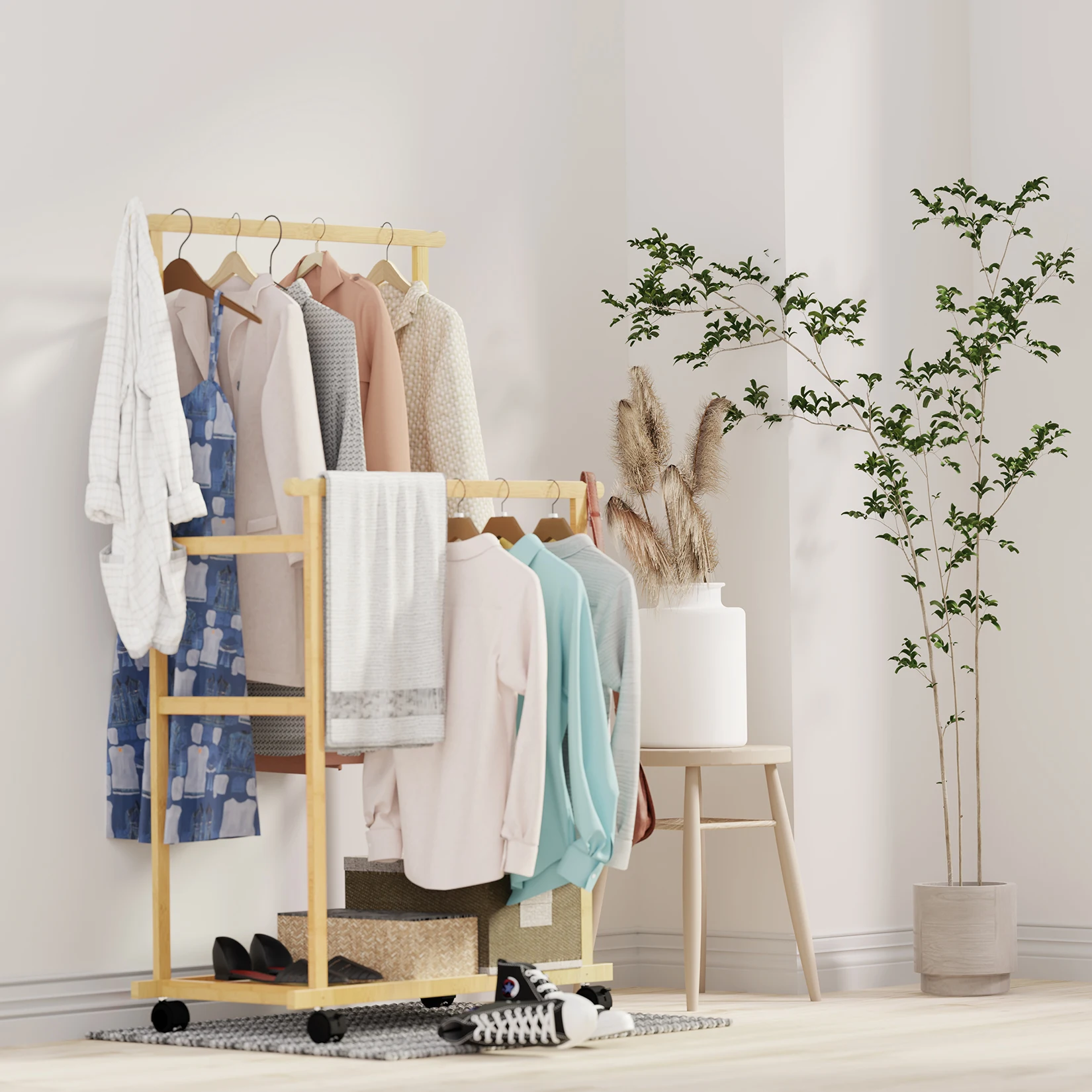 Bamboo Garment Coat Clothes Hanging Heavy Duty Rack with Shoe Clothing Storage Organizer Shelves