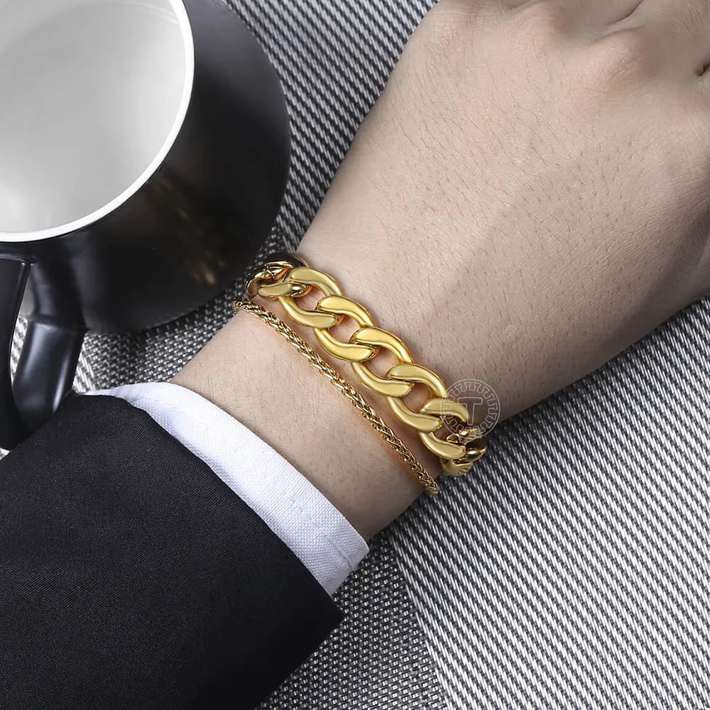 Hip Hop Men's Bracelet Double Chain Stainless Steel Wheat Cuban Link Chain Bracelet Male Jewelry Dropshipping Gifts DB08
