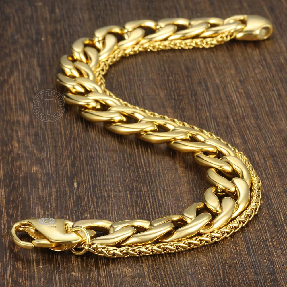 Hip Hop Men's Bracelet Double Chain Stainless Steel Wheat Cuban Link Chain Bracelet Male Jewelry Dropshipping Gifts DB08