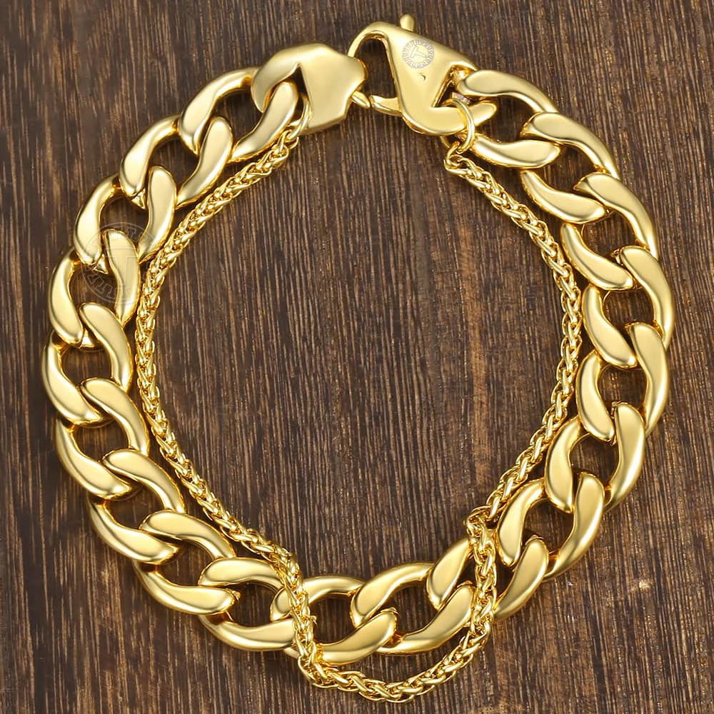 Hip Hop Men's Bracelet Double Chain Stainless Steel Wheat Cuban Link Chain Bracelet Male Jewelry Dropshipping Gifts DB08