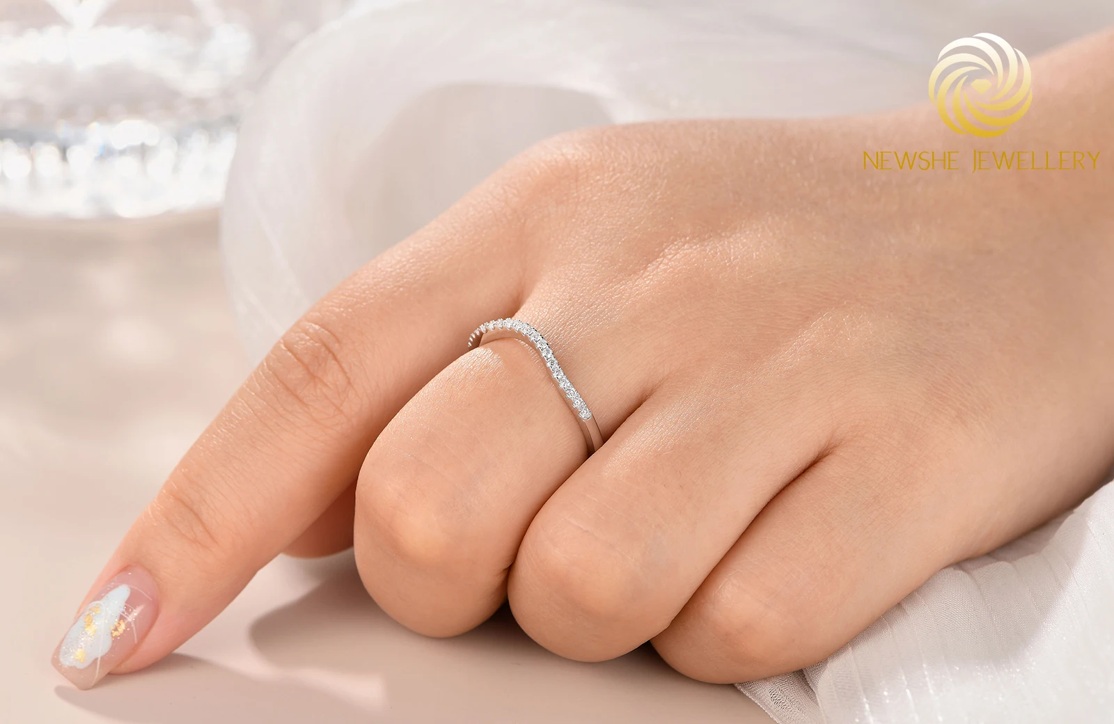 Newshe 925 Silver Moissanite Wedding Rings for Women Curved Stacking Eternity Band Jewelry Gift D Color VVS1 Pass Diamond Tester