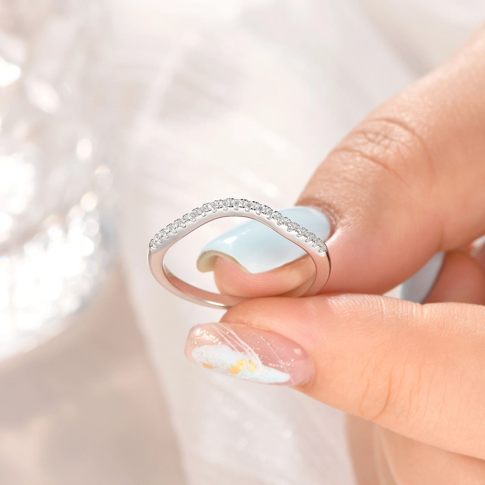 Newshe 925 Silver Moissanite Wedding Rings for Women Curved Stacking Eternity Band Jewelry Gift D Color VVS1 Pass Diamond Tester