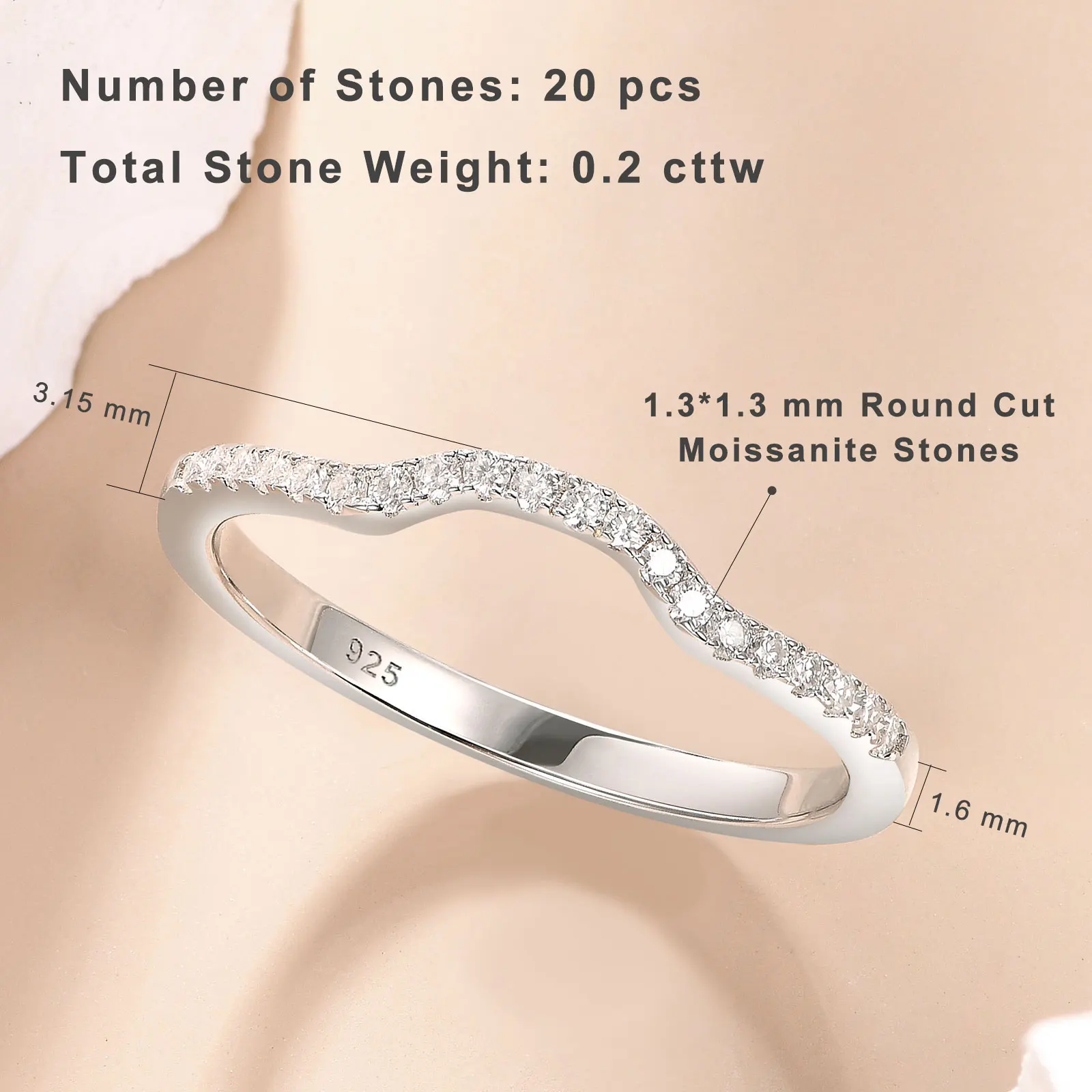 Newshe 925 Silver Moissanite Wedding Rings for Women Curved Stacking Eternity Band Jewelry Gift D Color VVS1 Pass Diamond Tester