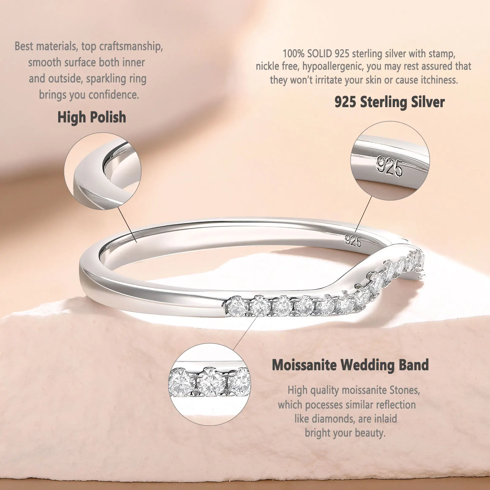 Newshe 925 Silver Moissanite Wedding Rings for Women Curved Stacking Eternity Band Jewelry Gift D Color VVS1 Pass Diamond Tester