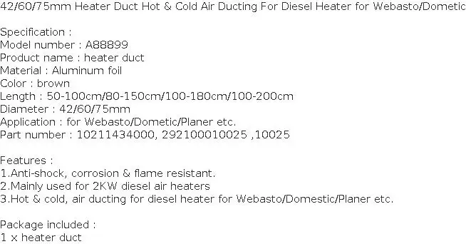 42/60/75mm Car Air Heater Ducting Pipe Hose Line for Diesel Parking Heaters For Webasto/Dometic/Planer
