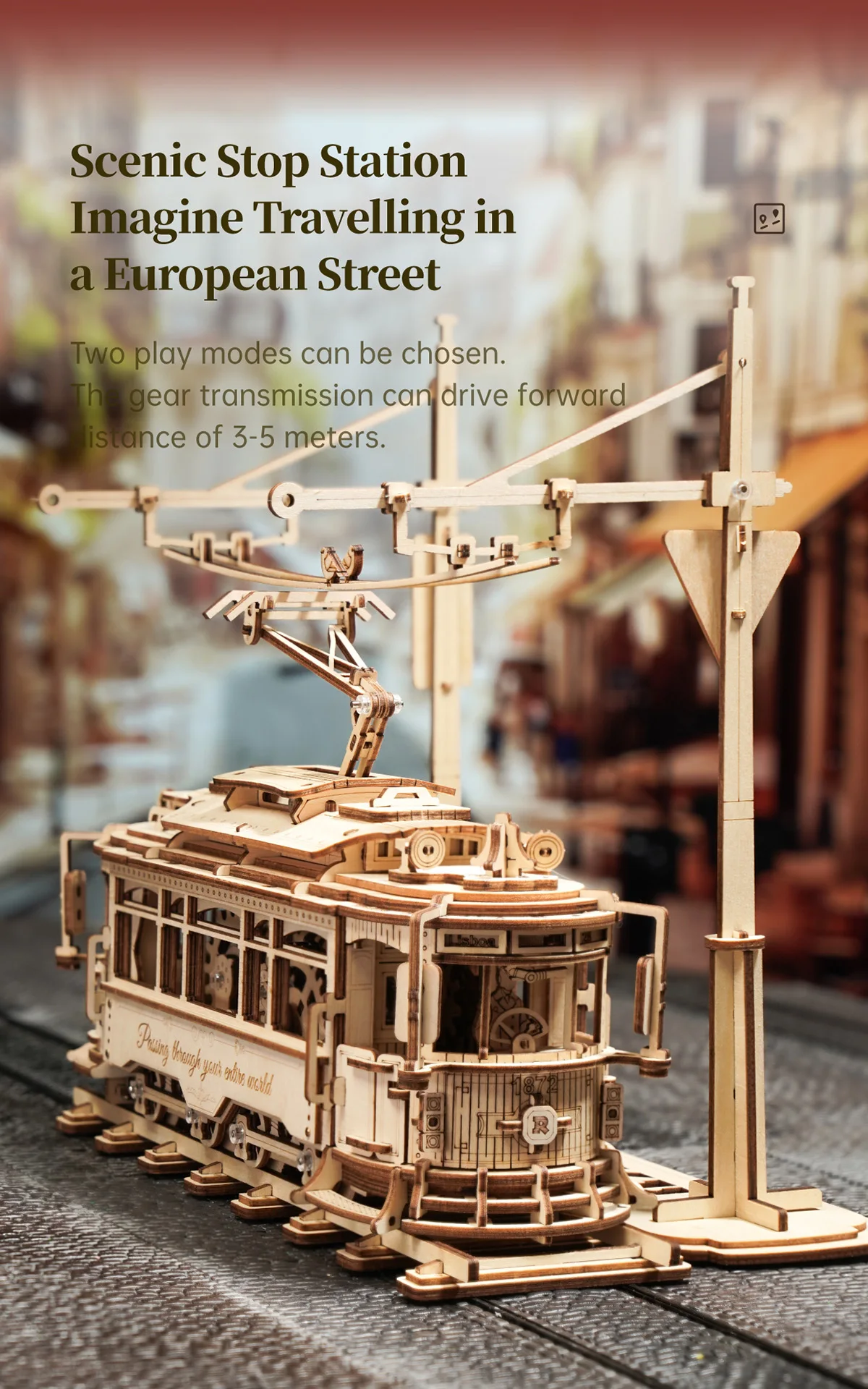Robotime Rokr Classic City Tram Car Moveable Wooden Toys Building Block Sets 3D Wooden Puzzle Ideal Gift for Adults Teen