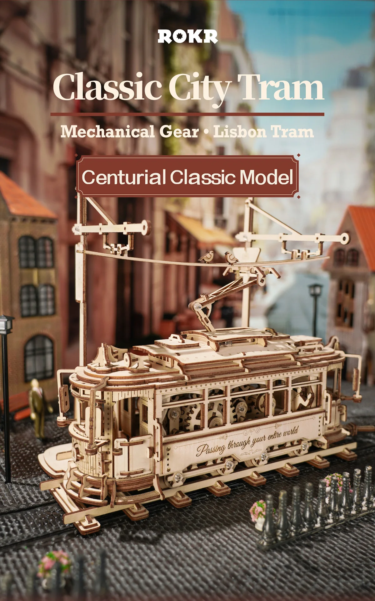 Robotime Rokr Classic City Tram Car Moveable Wooden Toys Building Block Sets 3D Wooden Puzzle Ideal Gift for Adults Teen