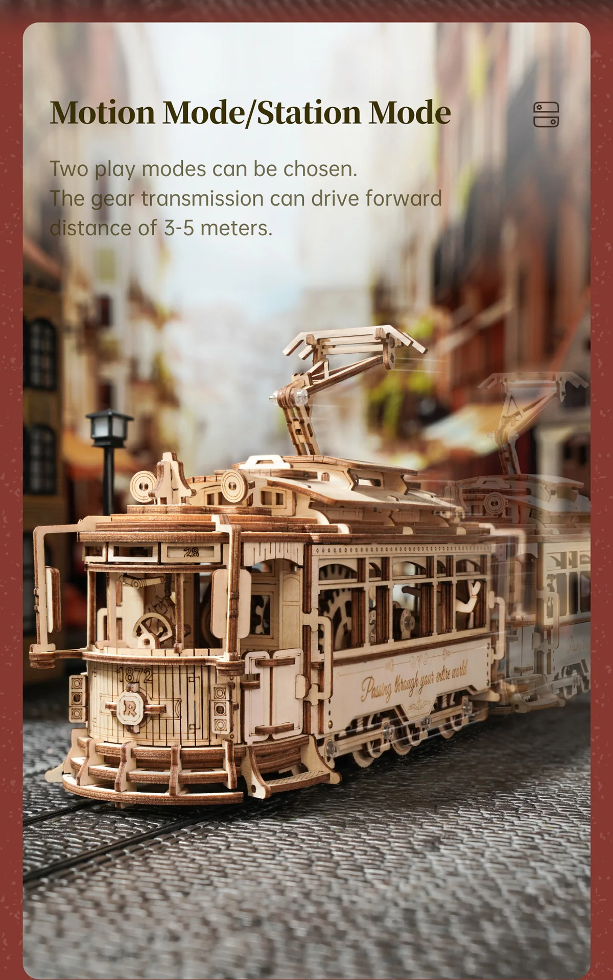 Robotime Rokr Classic City Tram Car Moveable Wooden Toys Building Block Sets 3D Wooden Puzzle Ideal Gift for Adults Teen