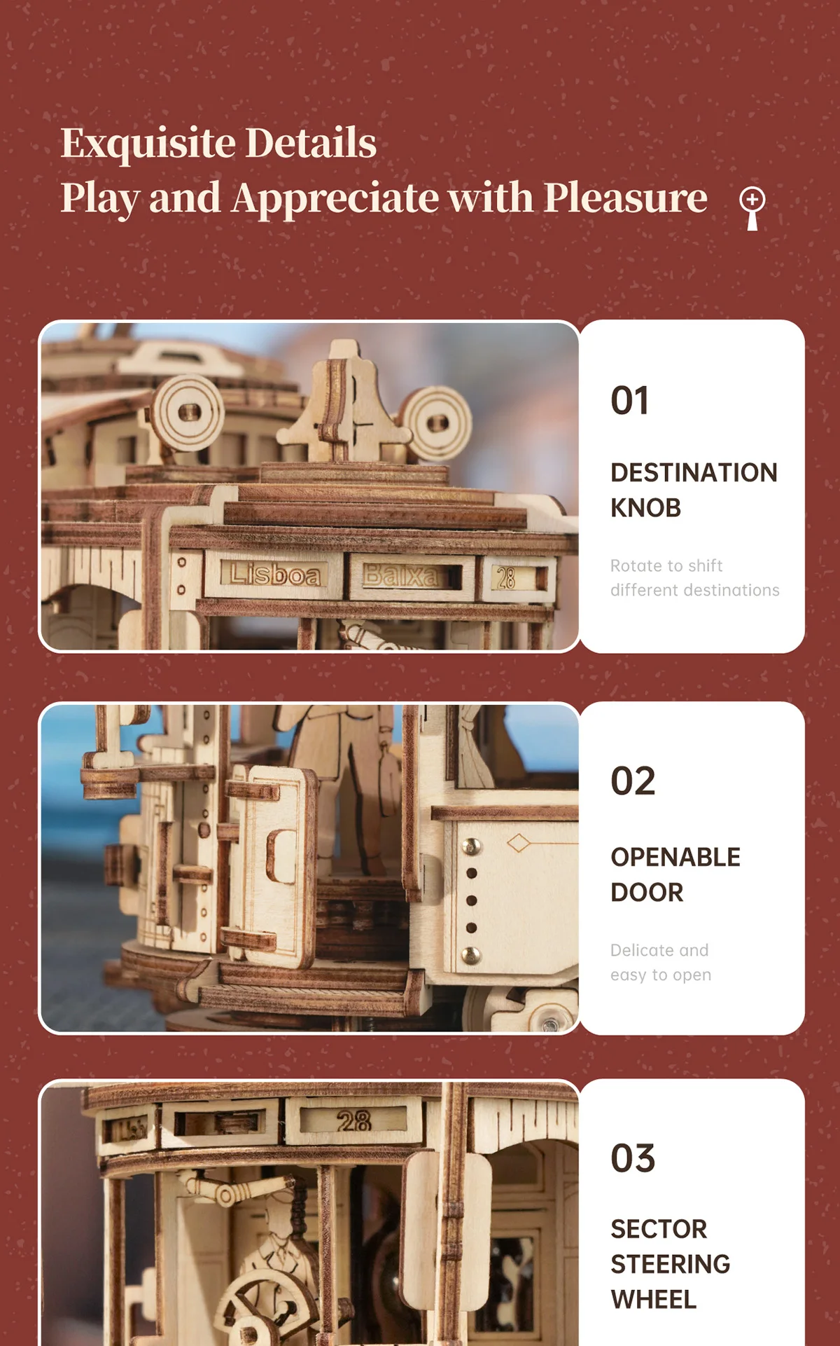 Robotime Rokr Classic City Tram Car Moveable Wooden Toys Building Block Sets 3D Wooden Puzzle Ideal Gift for Adults Teen