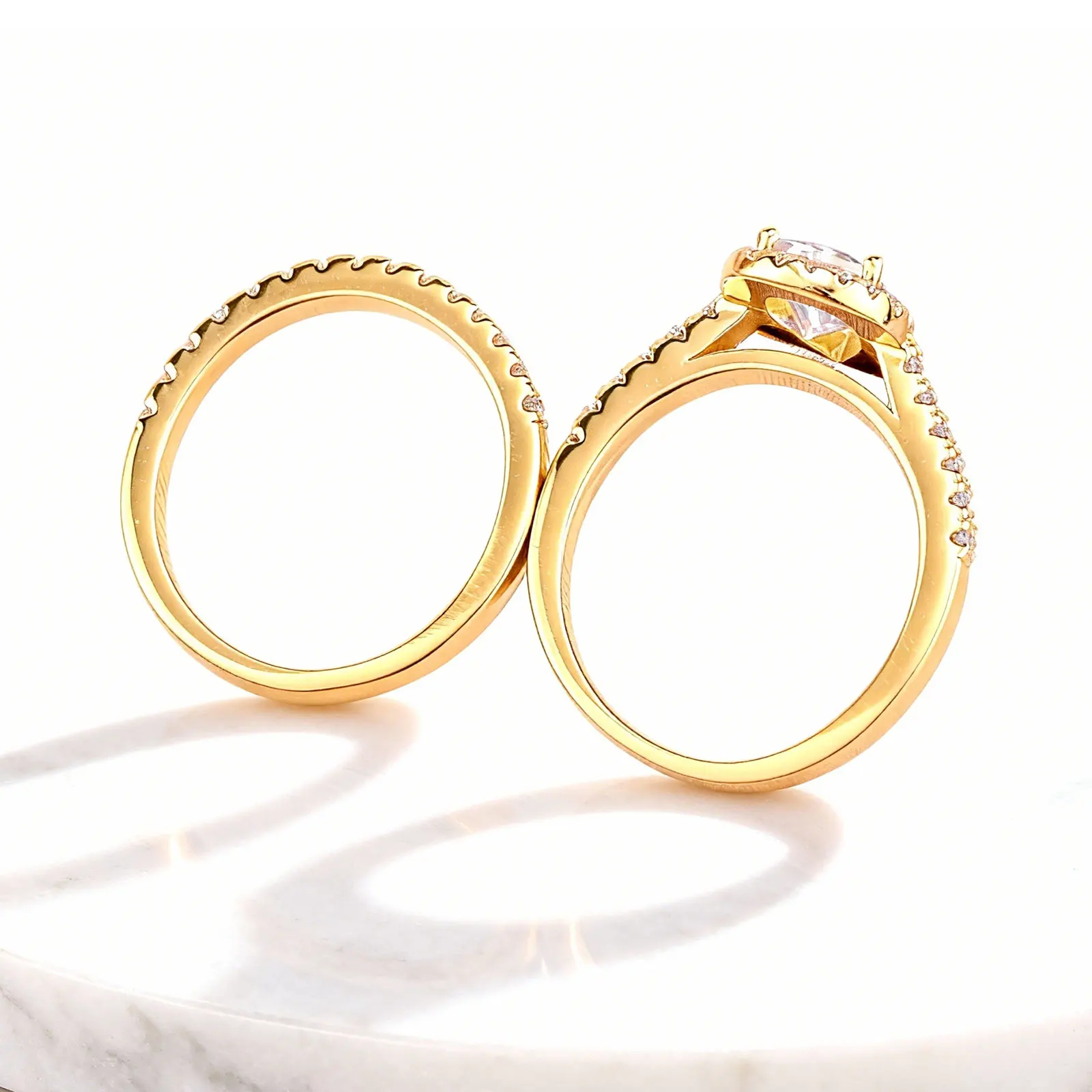 Newshe 2 Pcs Solid 925 Sterling Silver Wedding Rings Set Yellow Gold Plated 3Ct Halo AAAAA CZ Pear Cut Engagement Ring for Women