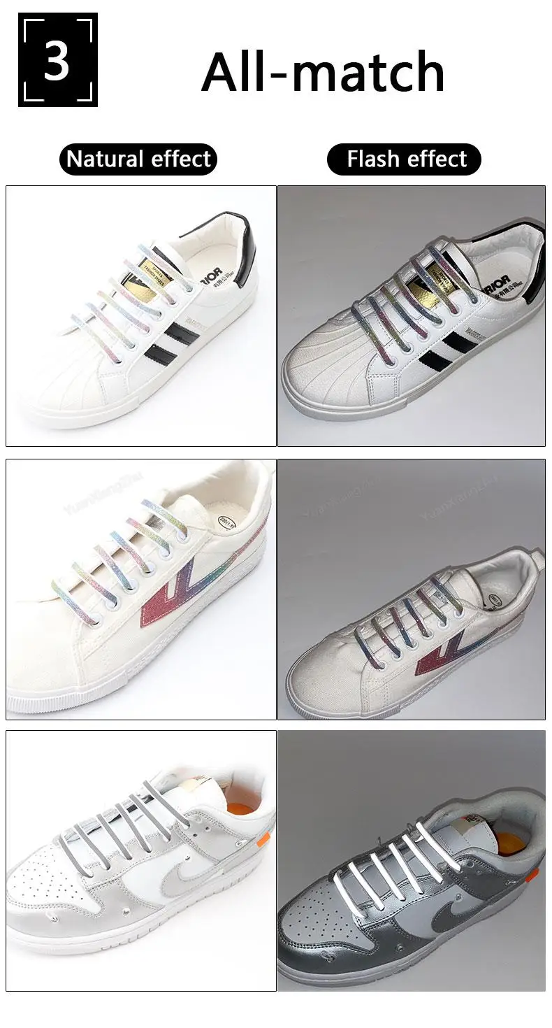 Reflective Shoe laces Fashion Rainbow Shoelaces White Black Elastic Laces Sneakers Round Shoelace for Shoes 100/120/140cm 1Pair