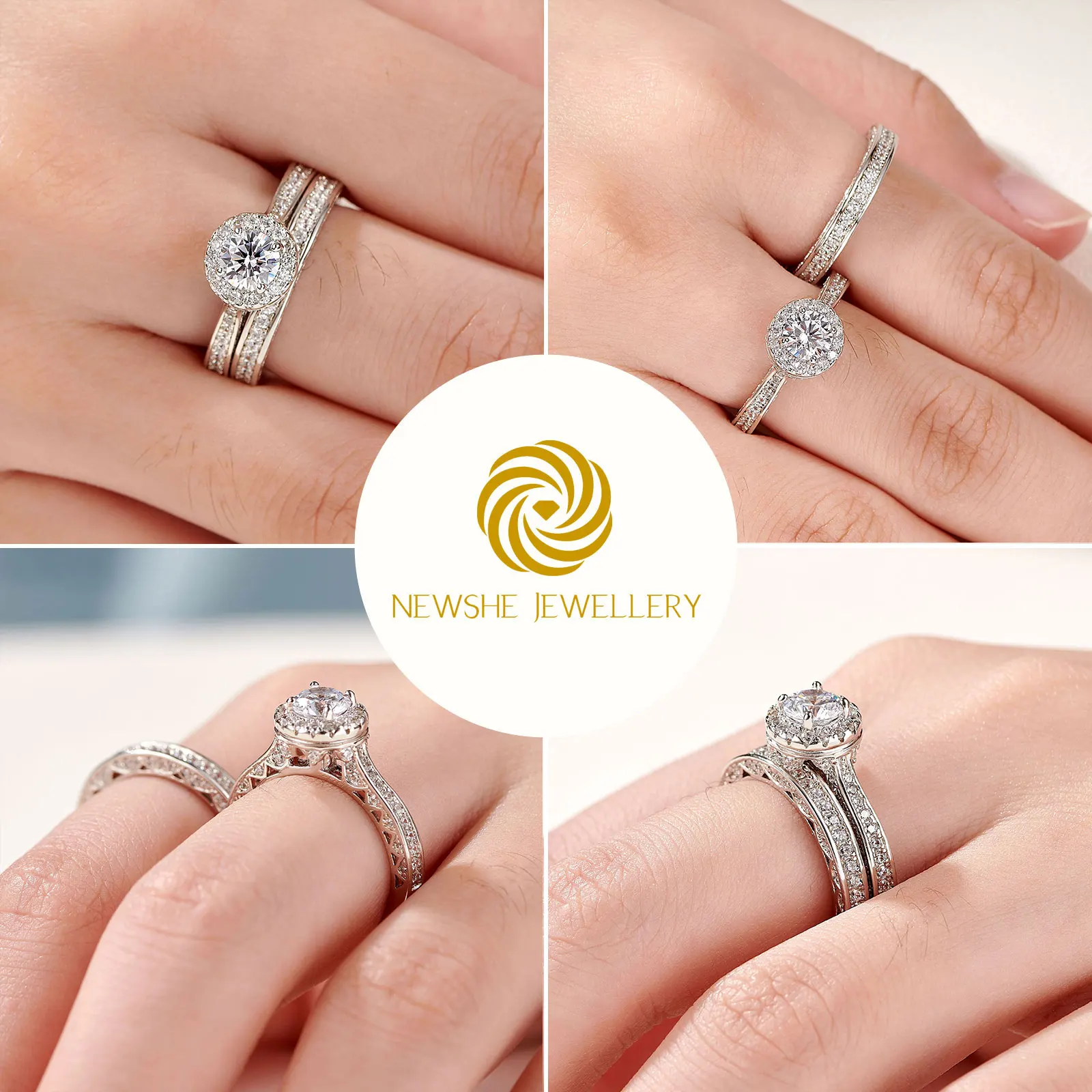 Newshe 2 Pieces Wedding Rings Set for Women Engagement 925 Sterling Silver 1.88Ct Brilliant Round White AAAAA Cz Ring Size 4-13