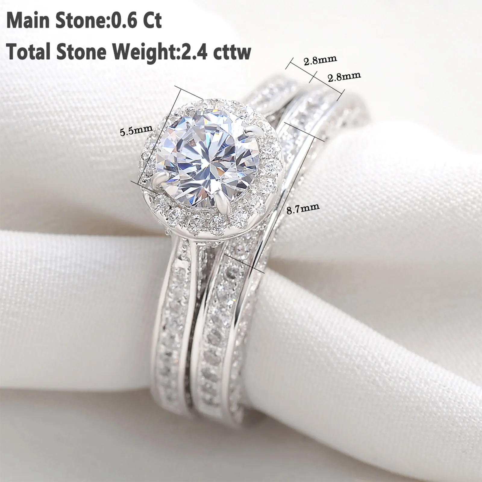 Newshe 2 Pieces Wedding Rings Set for Women Engagement 925 Sterling Silver 1.88Ct Brilliant Round White AAAAA Cz Ring Size 4-13