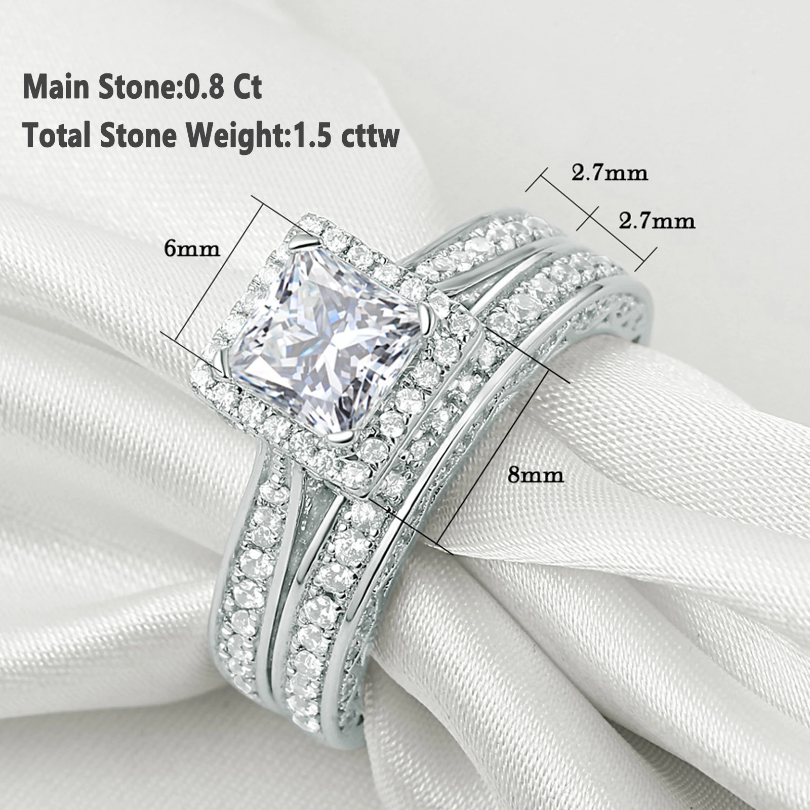 Newshe 2Pcs Genuine 925 Sterling Silver Moissanite /AAAAA Zircons Wedding Ring Set Halo Princess Cut Engagement Rings for Women