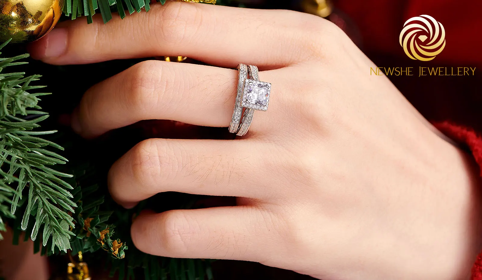 Newshe 2Pcs Genuine 925 Sterling Silver Moissanite /AAAAA Zircons Wedding Ring Set Halo Princess Cut Engagement Rings for Women