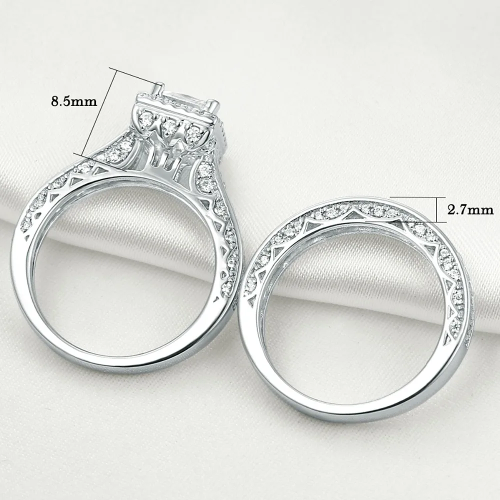 Newshe 2Pcs Genuine 925 Sterling Silver Moissanite /AAAAA Zircons Wedding Ring Set Halo Princess Cut Engagement Rings for Women