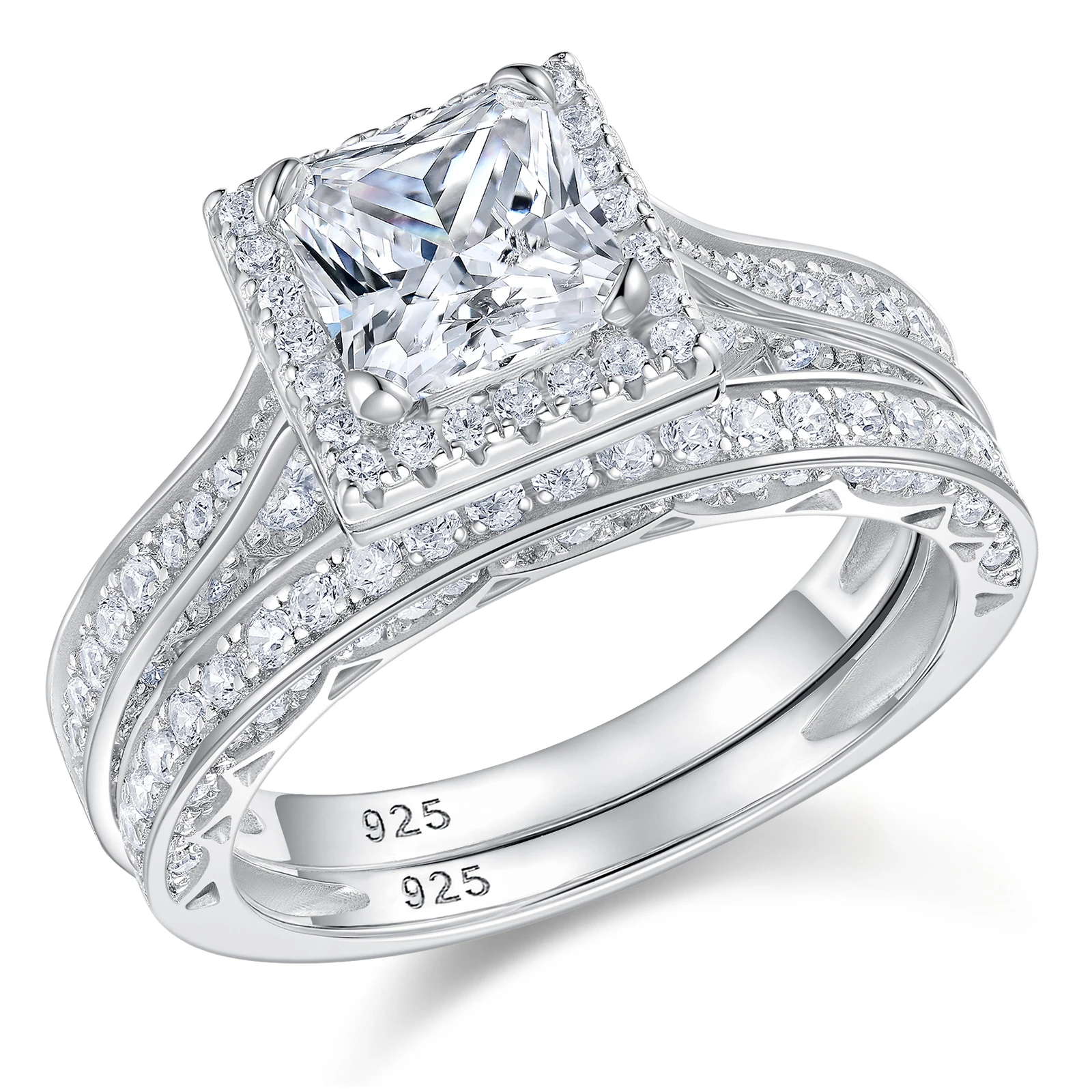 Newshe 2Pcs Genuine 925 Sterling Silver Moissanite /AAAAA Zircons Wedding Ring Set Halo Princess Cut Engagement Rings for Women
