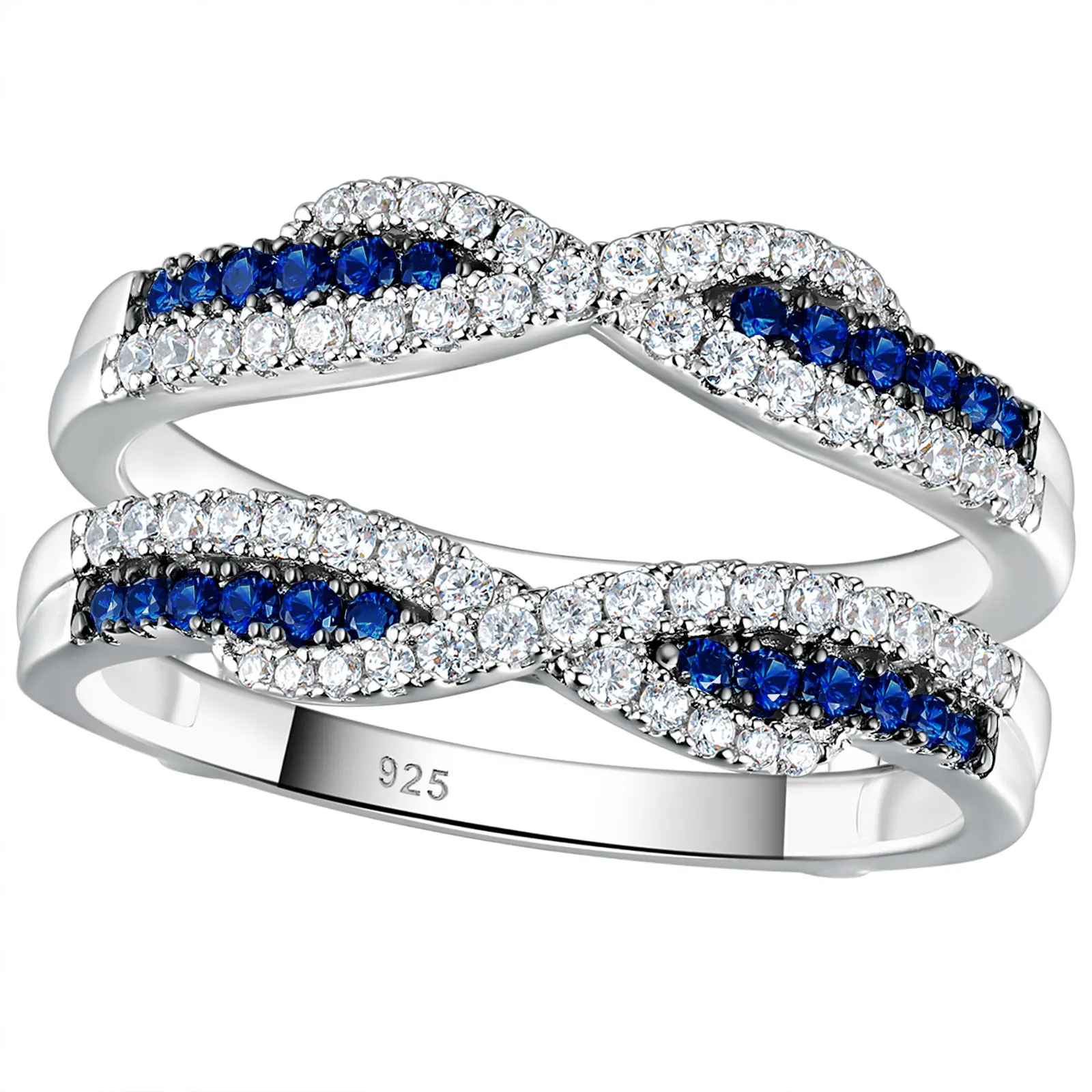Newshe 925 Sterling Silver Black Blue White 5A Grade Cubic Zircon Wedding Ring Enhancer for Women Twist Rope Design Fine Jewelry