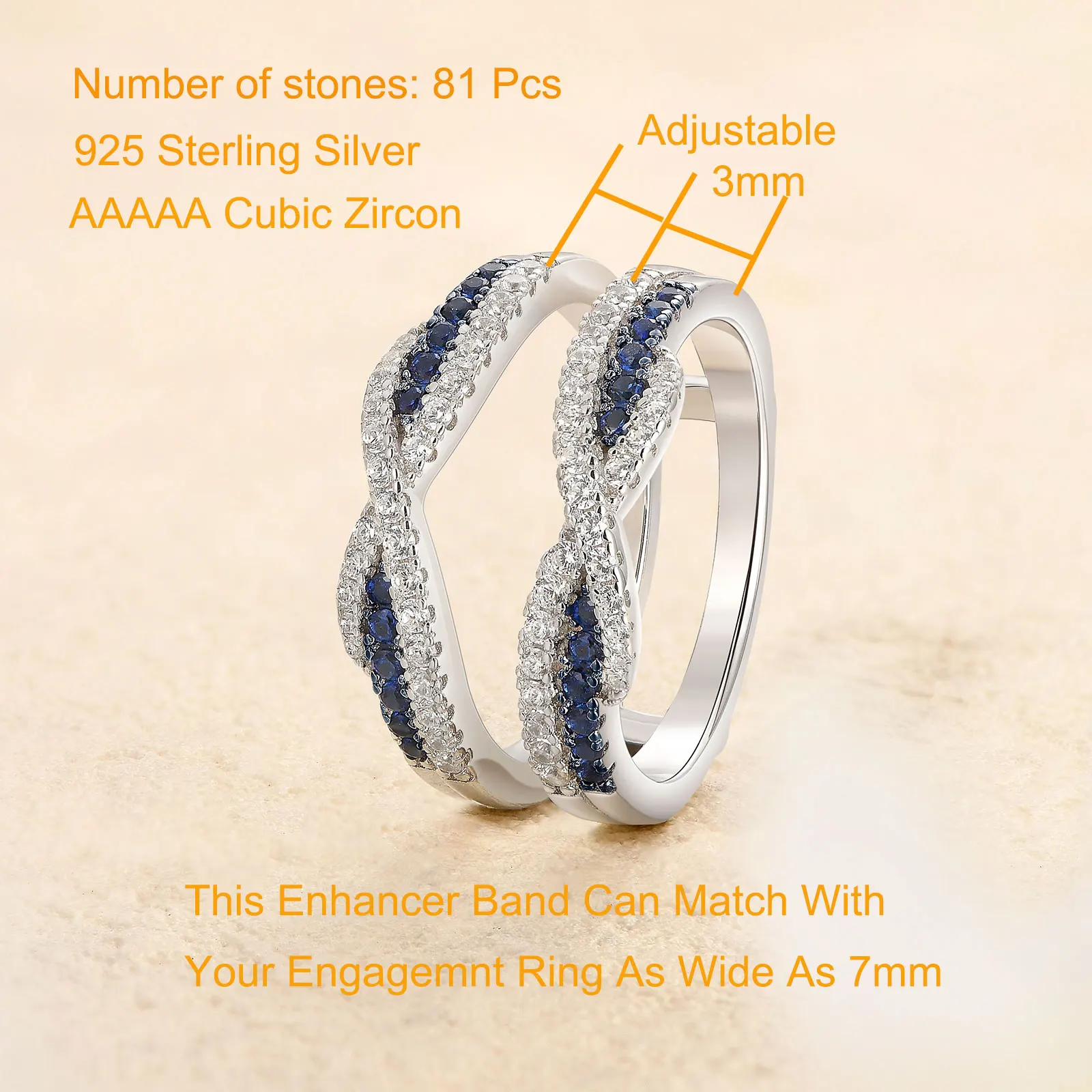 Newshe 925 Sterling Silver Black Blue White 5A Grade Cubic Zircon Wedding Ring Enhancer for Women Twist Rope Design Fine Jewelry