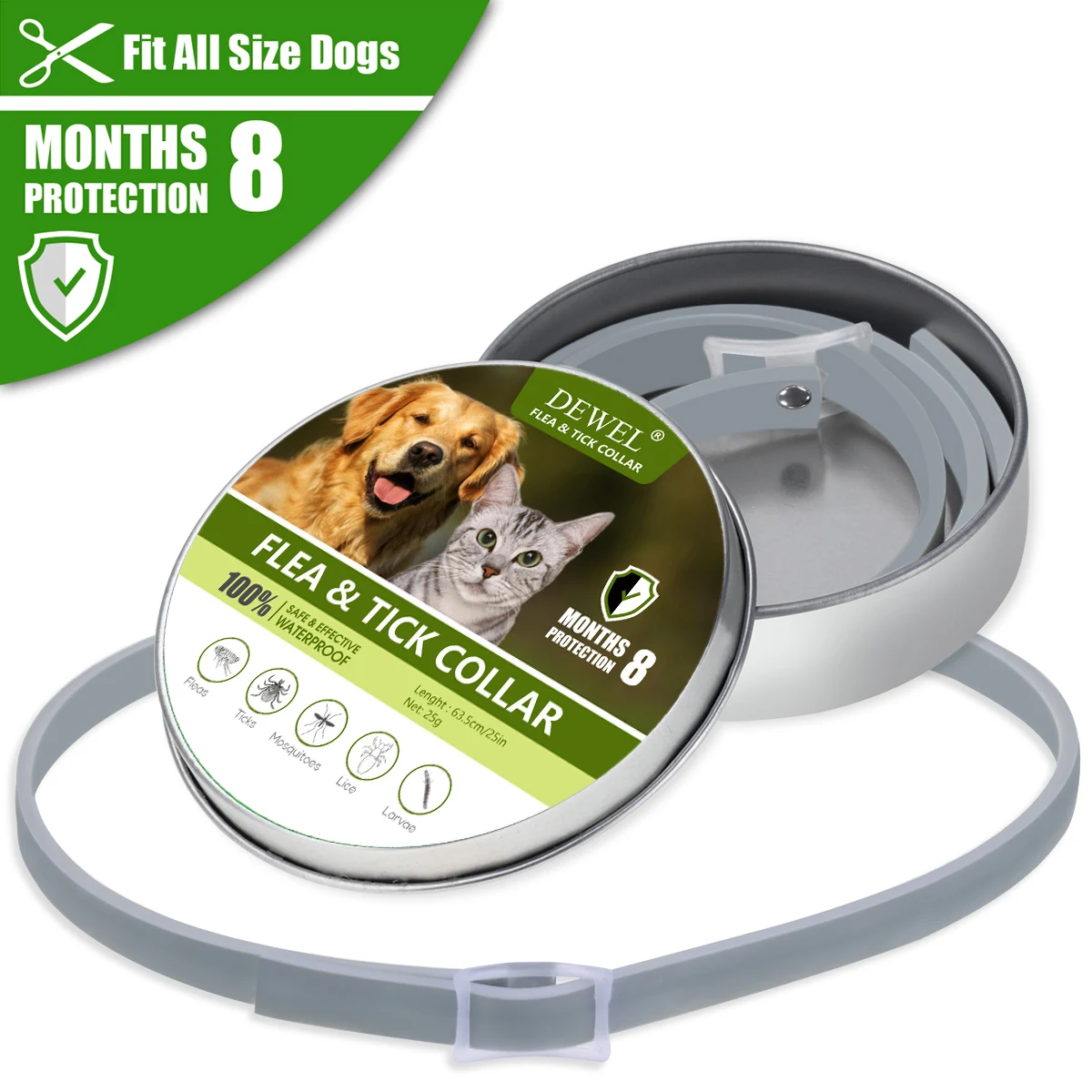 Dewel Pet Dog Collar Anti Flea Ticks Mosquitoes Outdoor Protective Adjustable PET Collar 8 Months Long-term Protection