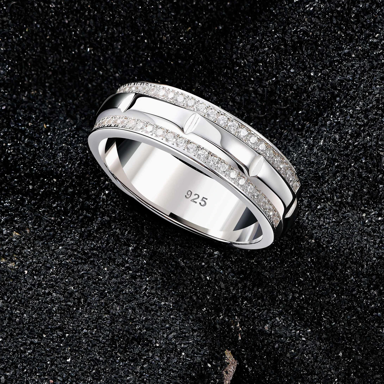 Newshe Solid 925 Sterling Silver Wedding Rings for Men Half Eternity Male Ring Brilliant Round White Cubic Zircons Fine Jewelry