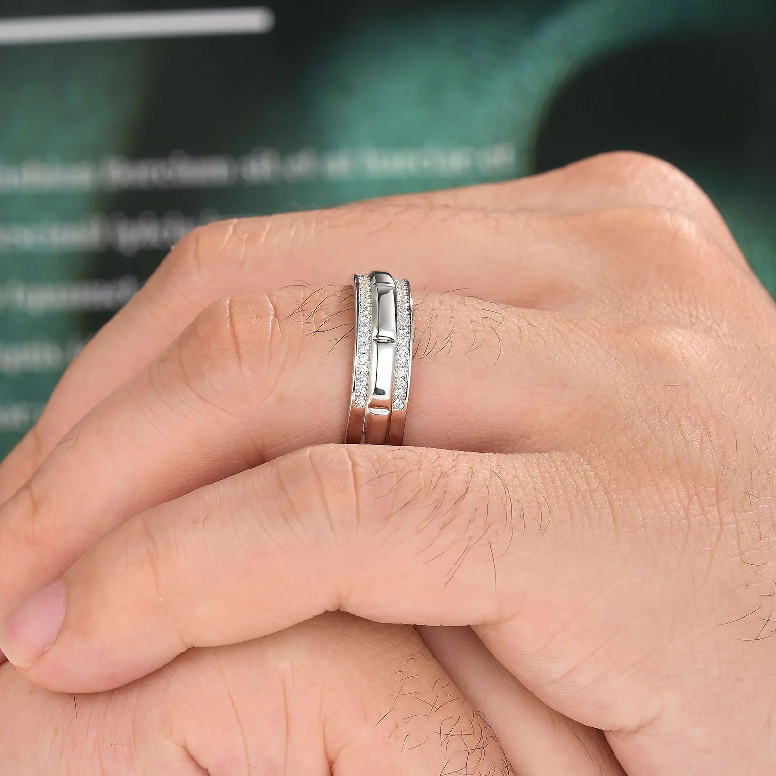 Newshe Solid 925 Sterling Silver Wedding Rings for Men Half Eternity Male Ring Brilliant Round White Cubic Zircons Fine Jewelry