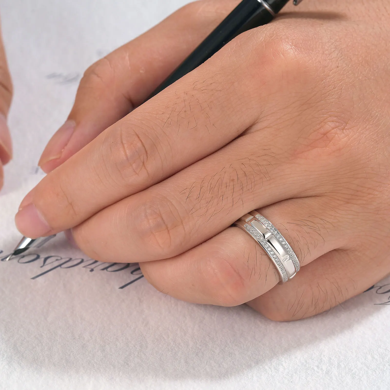Newshe Solid 925 Sterling Silver Wedding Rings for Men Half Eternity Male Ring Brilliant Round White Cubic Zircons Fine Jewelry
