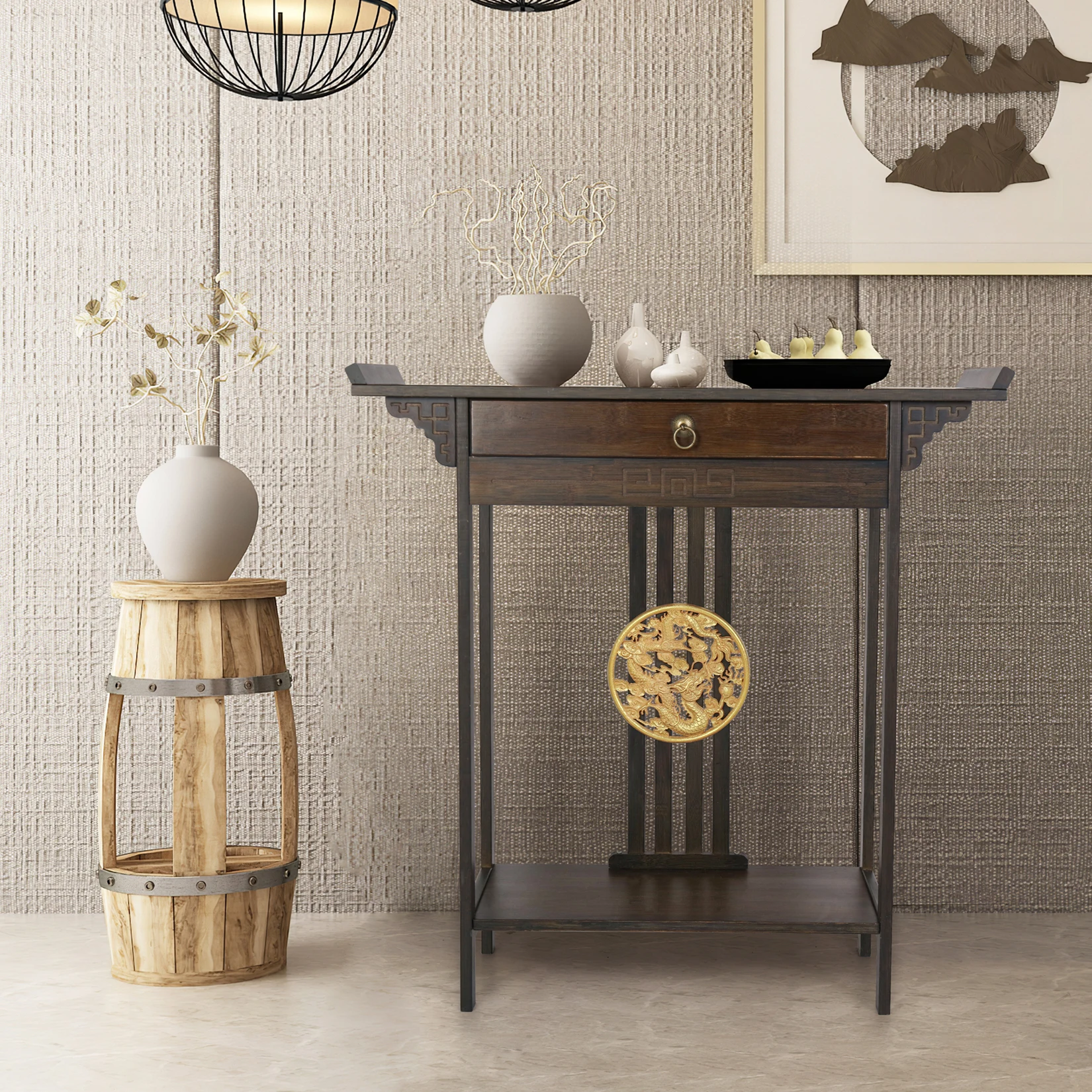 Vintage Rustic Console Table Hall Console Table Luxurious Totem Decor with Pull Drawer & Shelf Living Room Furniture