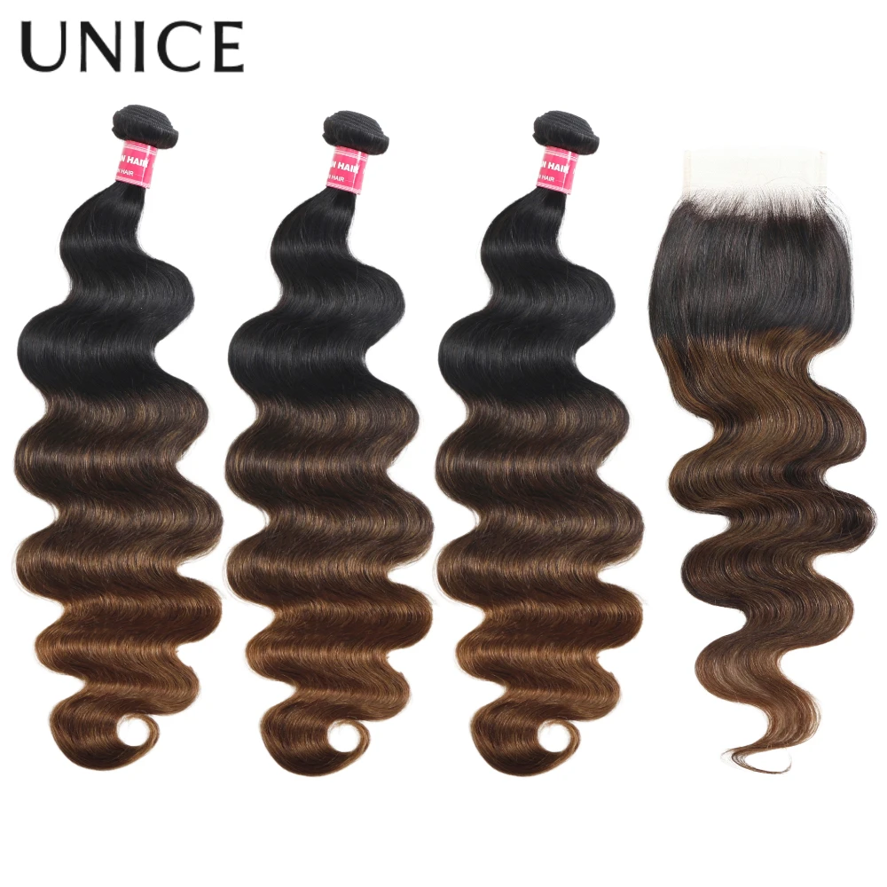 UNice Chestnut Brown Ombre Body Wave Bundles With Closure 100% Human Hair 3 Bundles With 4x4 Lace Closure Make 250% Density Wig