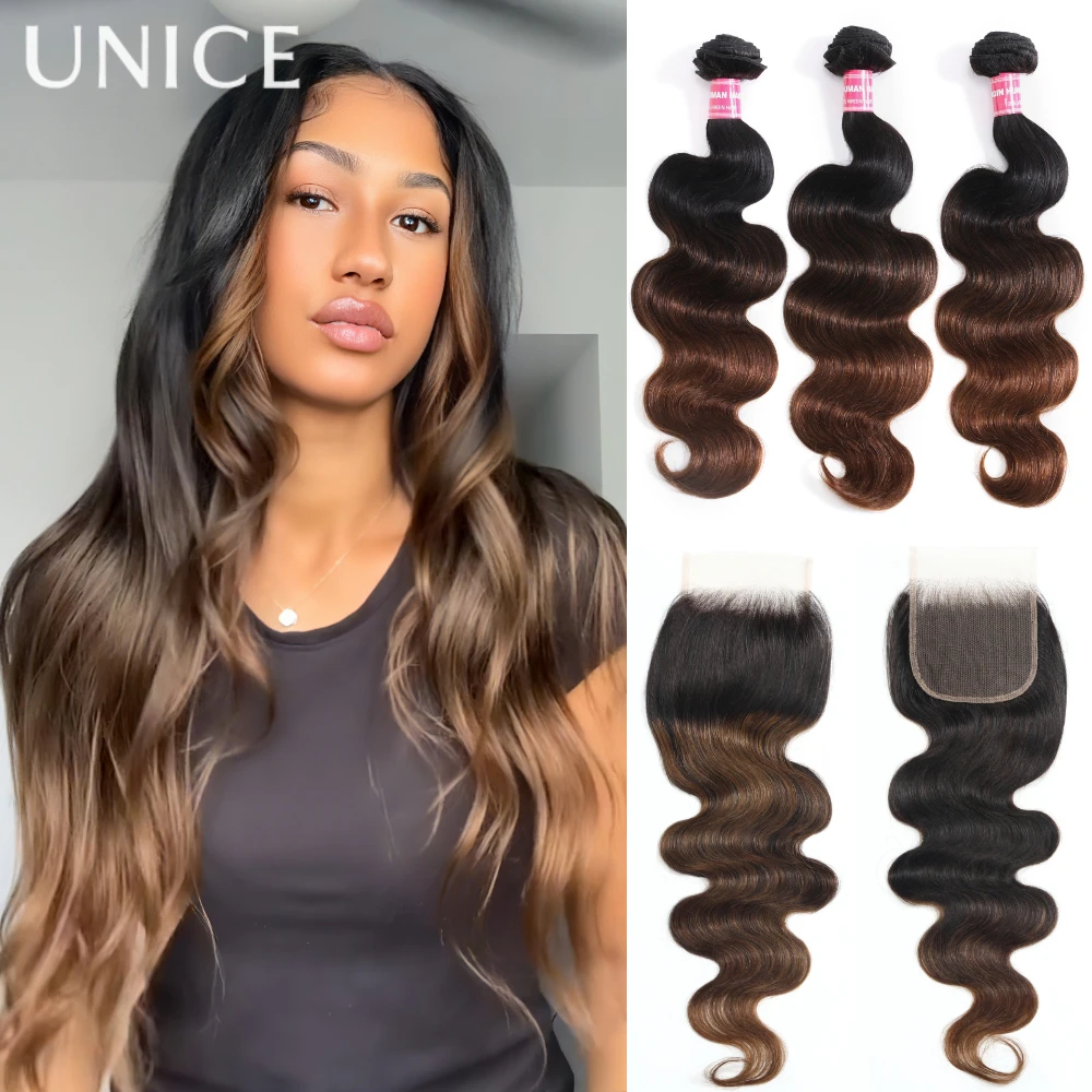 UNice Chestnut Brown Ombre Body Wave Bundles With Closure 100% Human Hair 3 Bundles With 4x4 Lace Closure Make 250% Density Wig