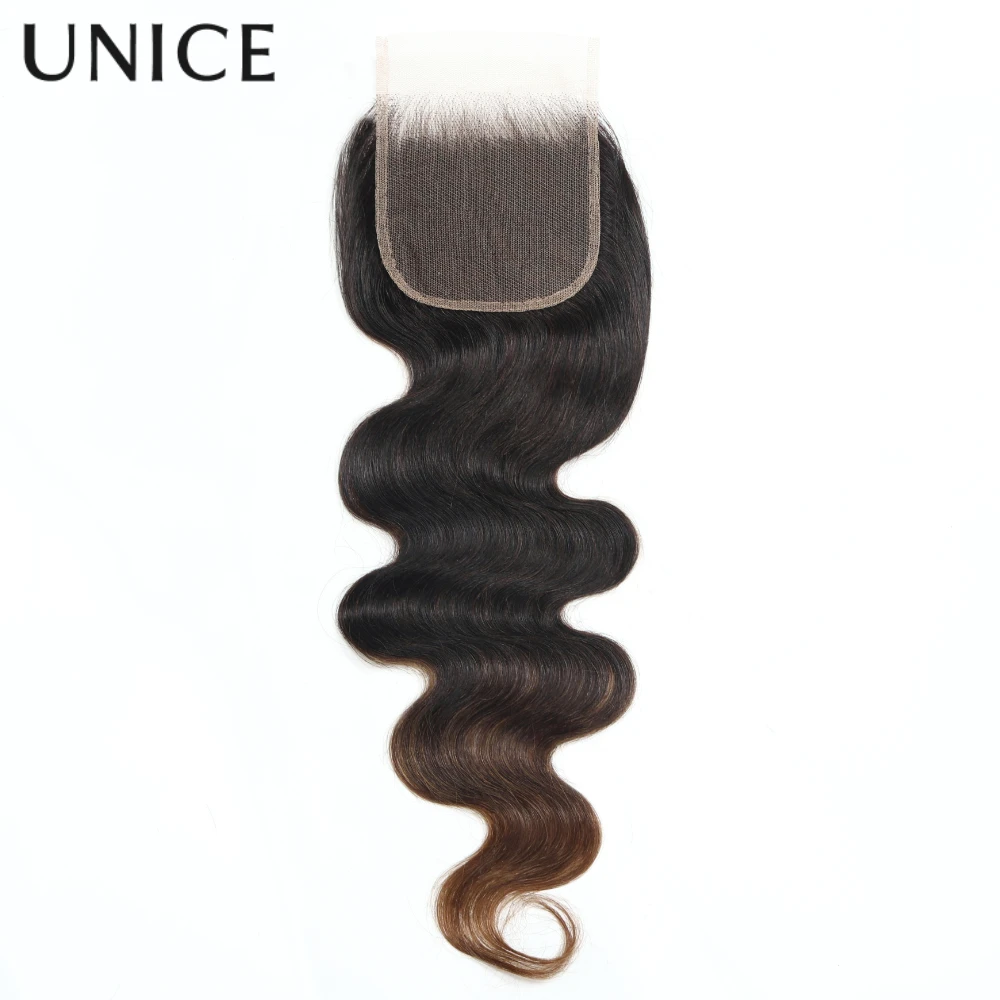 UNice Chestnut Brown Ombre Body Wave Bundles With Closure 100% Human Hair 3 Bundles With 4x4 Lace Closure Make 250% Density Wig
