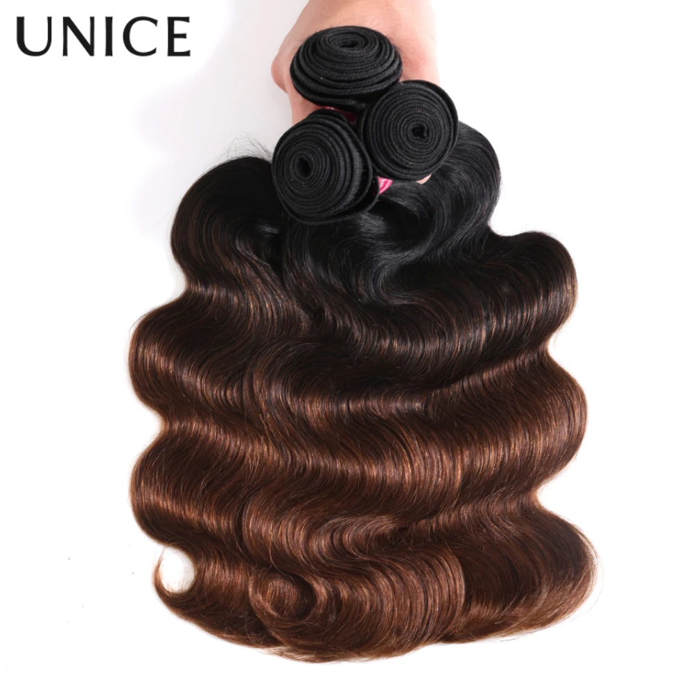 UNice Chestnut Brown Ombre Body Wave Bundles With Closure 100% Human Hair 3 Bundles With 4x4 Lace Closure Make 250% Density Wig