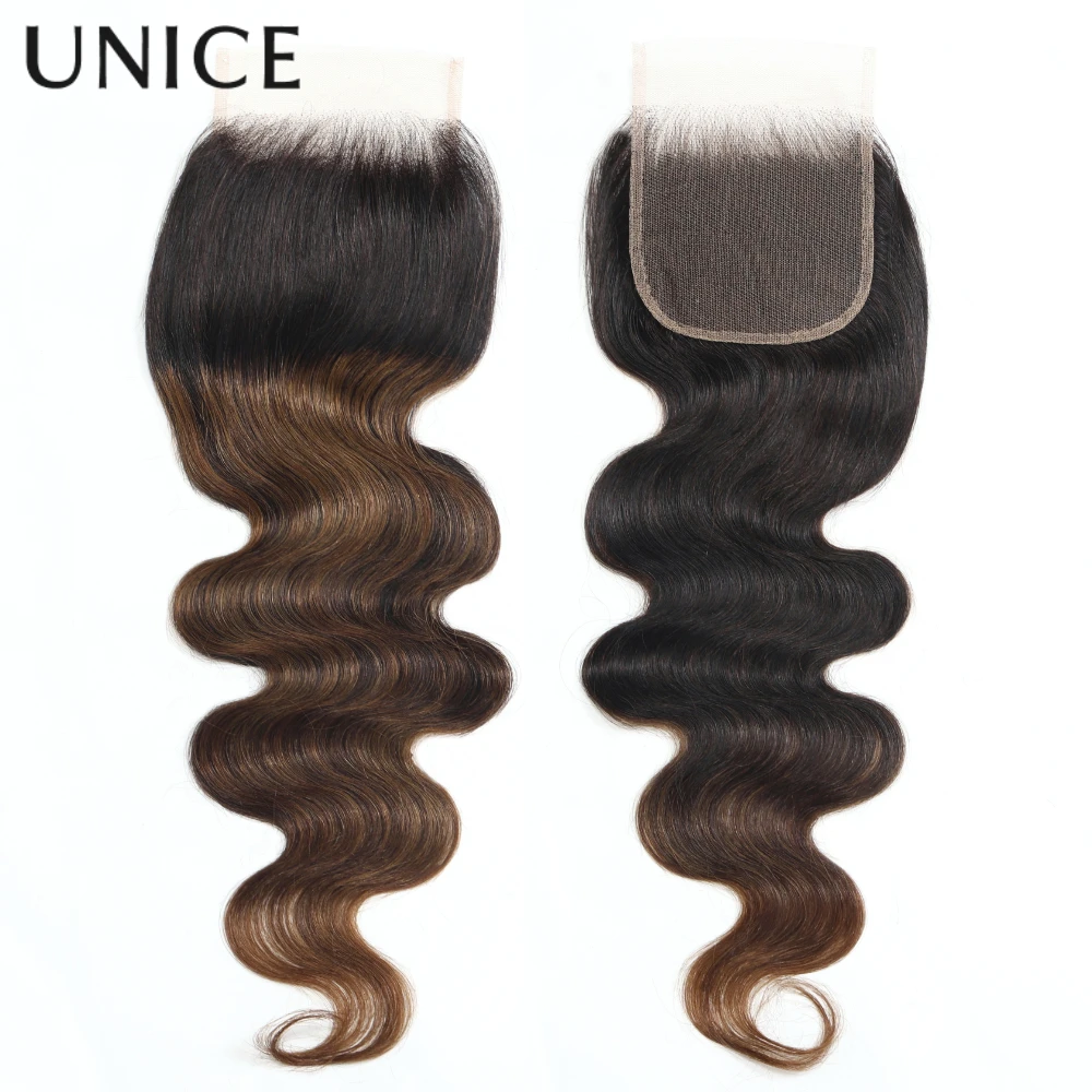 UNice Chestnut Brown Ombre Body Wave Bundles With Closure 100% Human Hair 3 Bundles With 4x4 Lace Closure Make 250% Density Wig