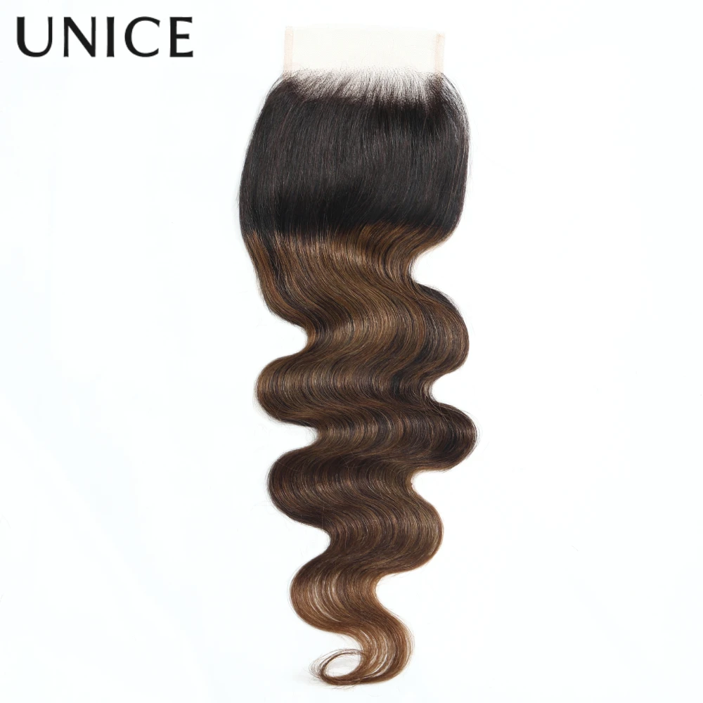 UNice Chestnut Brown Ombre Body Wave Bundles With Closure 100% Human Hair 3 Bundles With 4x4 Lace Closure Make 250% Density Wig