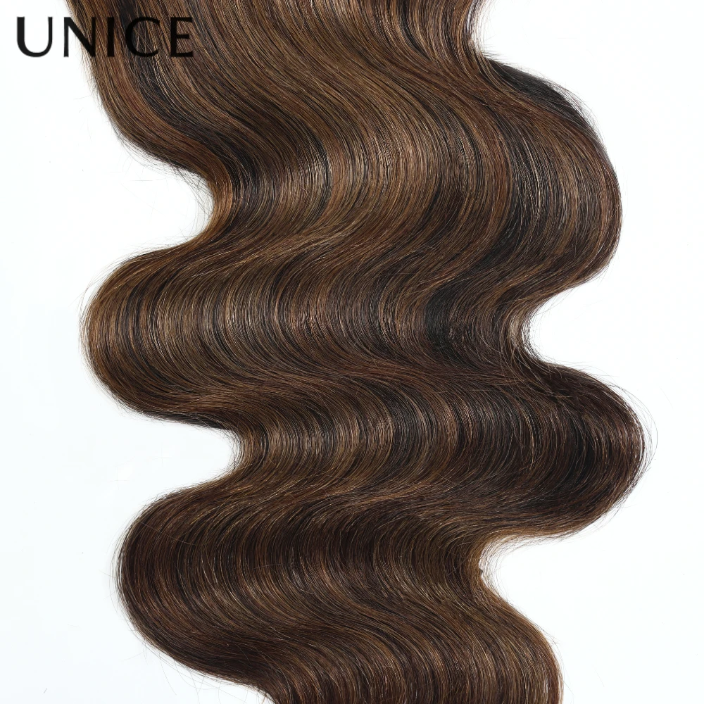 UNice Chestnut Brown Ombre Body Wave Bundles With Closure 100% Human Hair 3 Bundles With 4x4 Lace Closure Make 250% Density Wig