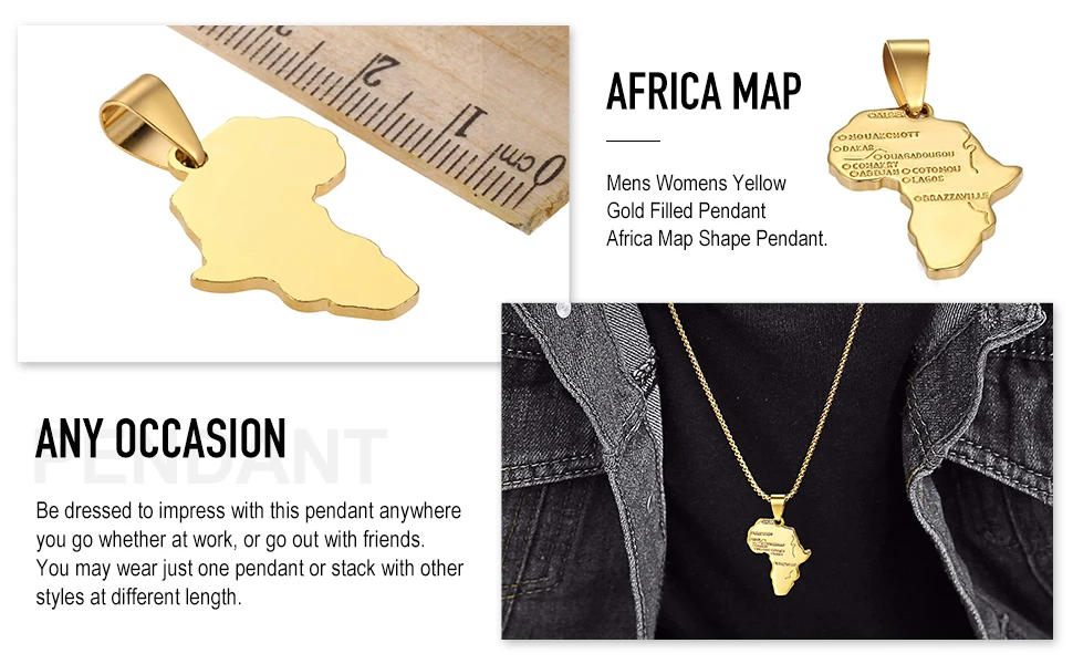 Punk Africa Map Pendant Necklace for Men Women Stainless Steel Gold Color African Map Fashion Jewelry Hip Hop Dropshipping GP56