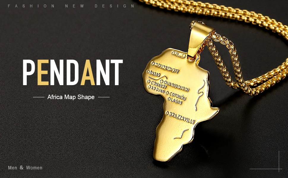 Punk Africa Map Pendant Necklace for Men Women Stainless Steel Gold Color African Map Fashion Jewelry Hip Hop Dropshipping GP56