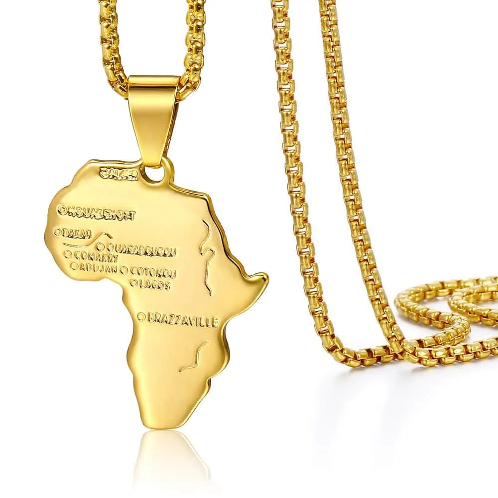 Punk Africa Map Pendant Necklace for Men Women Stainless Steel Gold Color African Map Fashion Jewelry Hip Hop Dropshipping GP56