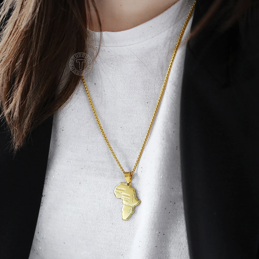 Punk Africa Map Pendant Necklace for Men Women Stainless Steel Gold Color African Map Fashion Jewelry Hip Hop Dropshipping GP56