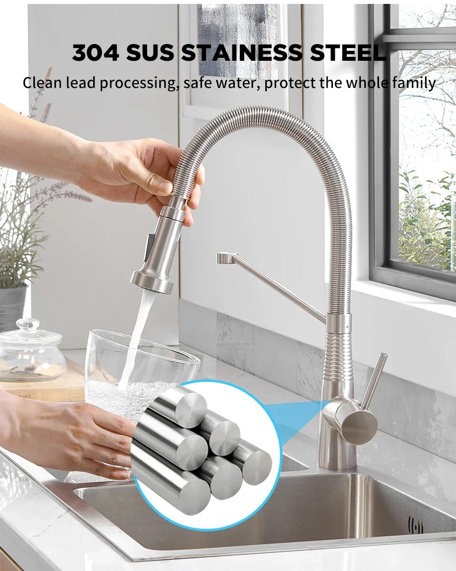 Fashion Kitchen Faucets Stainless Steel Faucets for Kitchen Sink Pull Down Spring Spout Mixers Tap Hot Cold Water Crane 9009