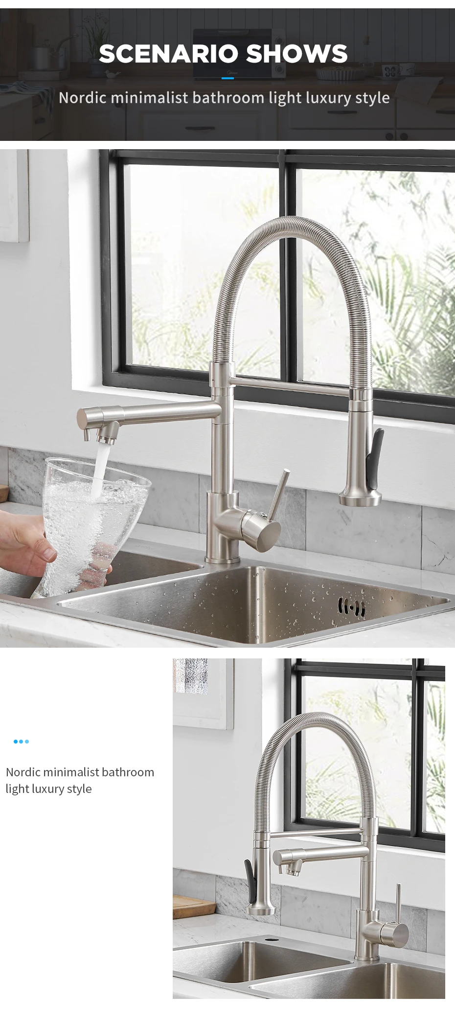 Fashion Kitchen Faucets Stainless Steel Faucets for Kitchen Sink Pull Down Spring Spout Mixers Tap Hot Cold Water Crane 9009