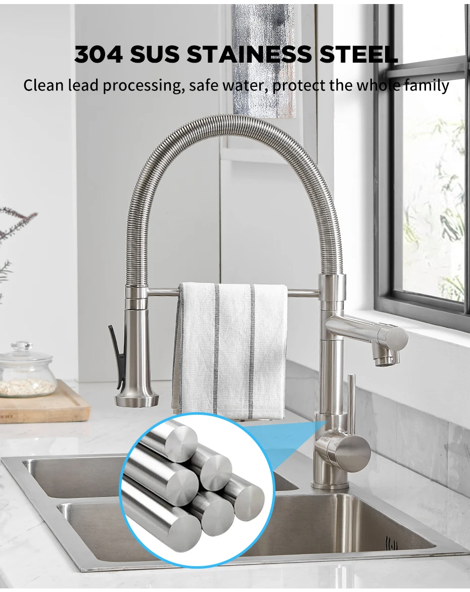 Fashion Kitchen Faucets Stainless Steel Faucets for Kitchen Sink Pull Down Spring Spout Mixers Tap Hot Cold Water Crane 9009